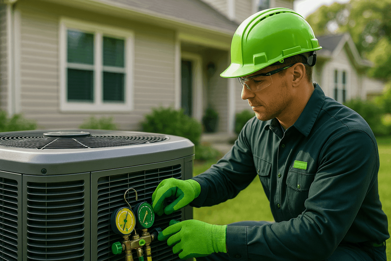 HVAC technician in safety gear servicing modern air conditioner outside a suburban home